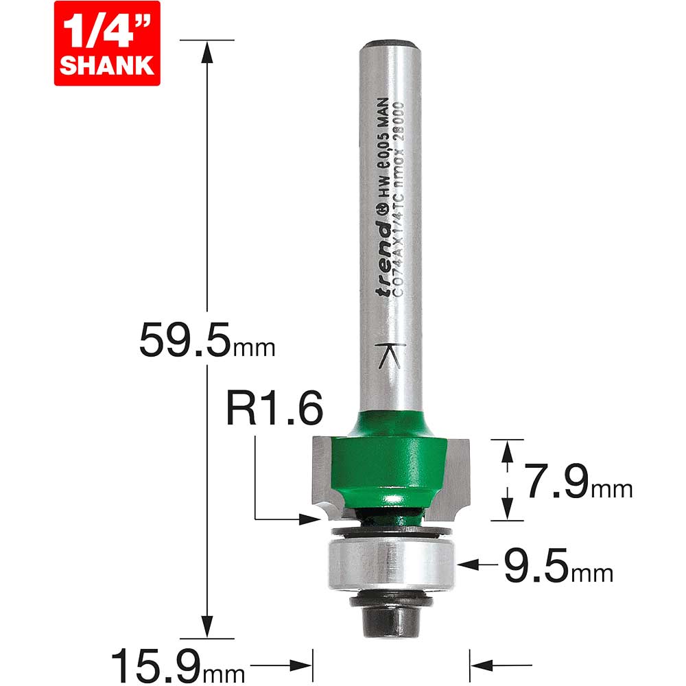 Image of Trend CraftPro Bearing Guided Round Over and Ovolo Router Cutter 15.9mm 7.9MM 1/4"