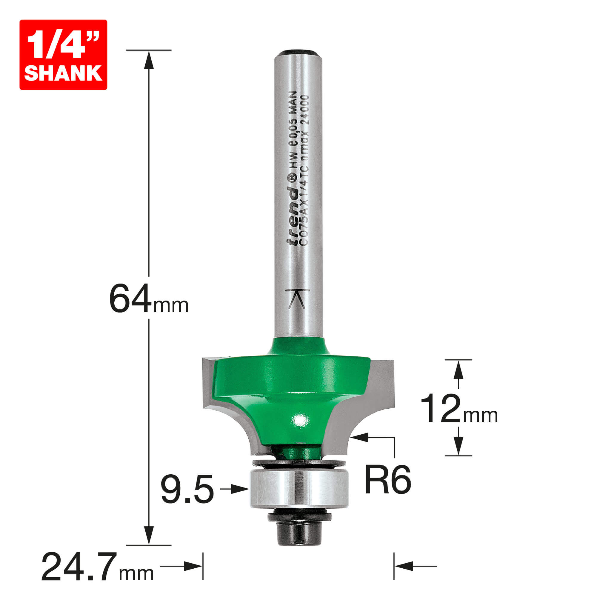 Image of Trend CraftPro Bearing Guided Round Over and Ovolo Router Cutter 24.7mm 12MM 1/4"