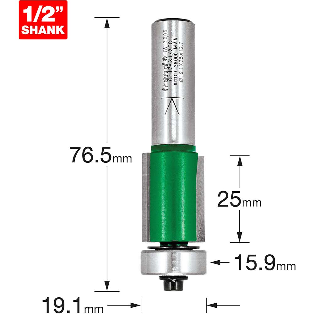 Image of Trend CRAFTPRO Bearing Guided Trimmer Router Cutter 19.1mm 25mm 1/2"