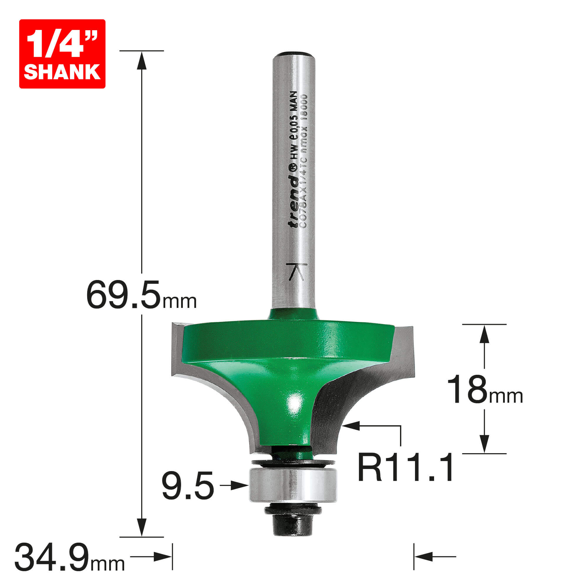 Image of Trend CraftPro Bearing Guided Round Over and Ovolo Router Cutter 34.9mm 18MM 1/4"