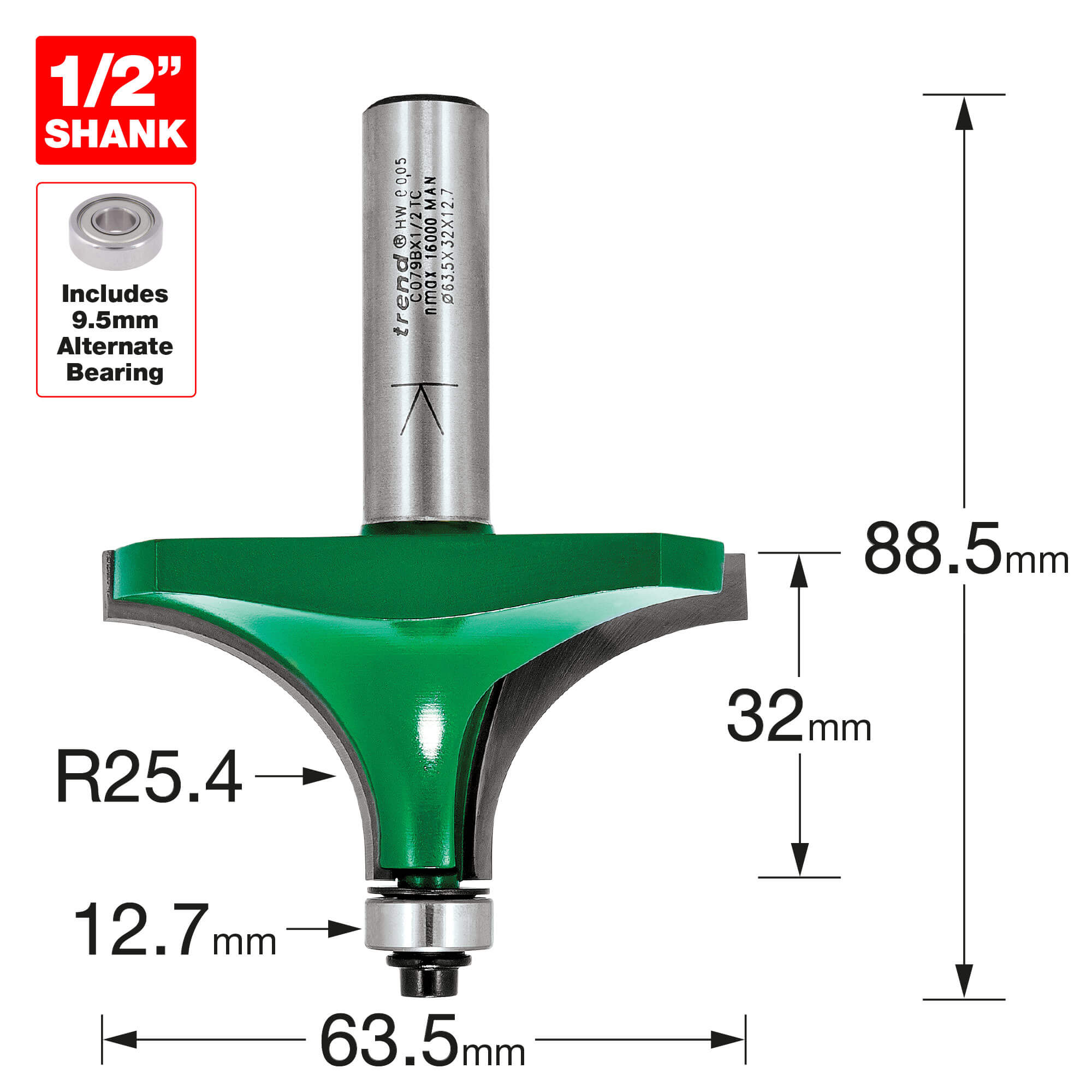 Image of Trend CraftPro Bearing Guided Round Over and Ovolo Router Cutter 63.5mm 32mm 1/2"