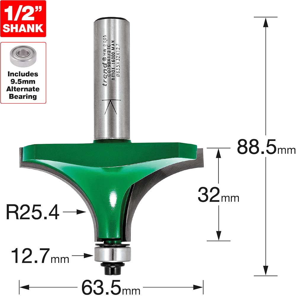 Image of Trend CraftPro Bearing Guided Round Over and Ovolo Router Cutter 63.5mm 32mm 1/2"