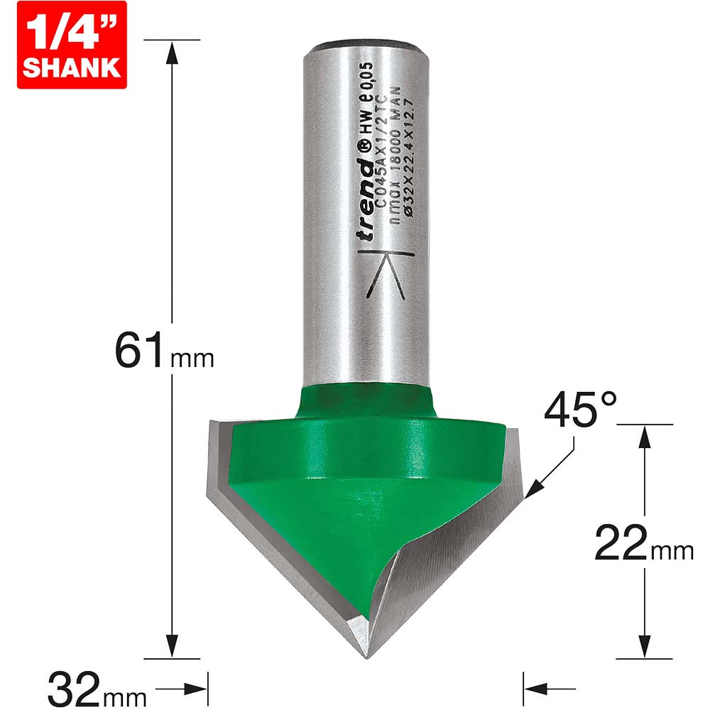 Trend CRAFTPRO Chamfer V Grovve Router Cutter 32mm 22mm 1/2