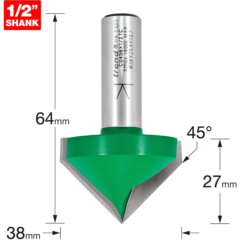Trend CRAFTPRO Chamfer V Grovve Router Cutter 38mm 25mm 1/2