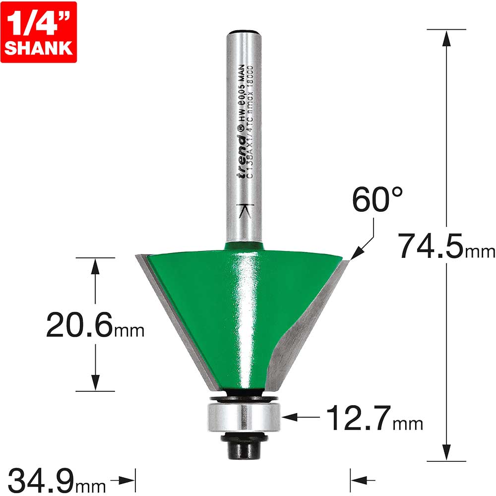 Trend CRAFTPRO Bearing Guided Bevel Router Cutter 38.3mm 22.2mm 1/4