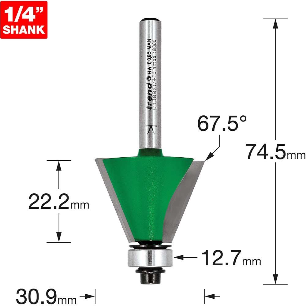 Image of Trend CRAFTPRO Bearing Guided Bevel Router Cutter 30.9mm 22mm 1/4"