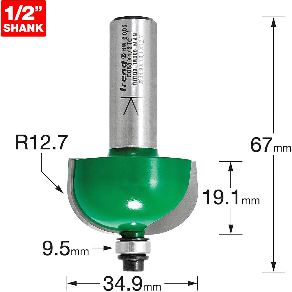 Image of Trend CRAFTPRO Radius Bearing Guided Router Cutter 34.9mm 19.1mm 1/2"