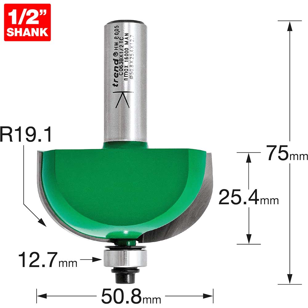 Image of Trend CRAFTPRO Radius Bearing Guided Router Cutter 50.8mm 25.4mm 1/2"