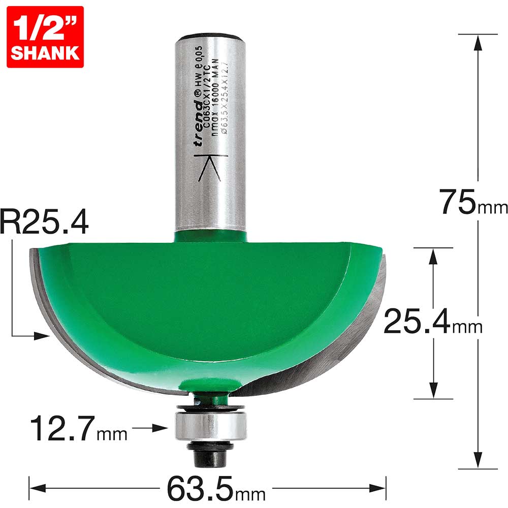 Trend CRAFTPRO Radius Bearing Guided Router Cutter 63.5mm 25.4mm 1/2