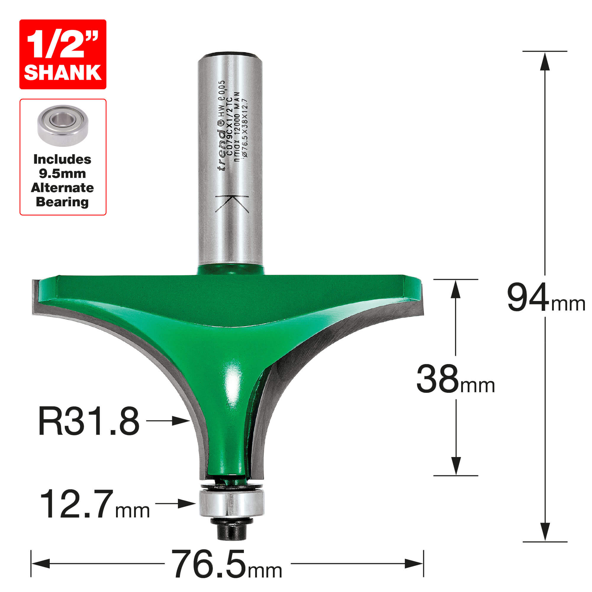 Image of Trend CraftPro Bearing Guided Round Over and Ovolo Router Cutter 76.5mm 38mm 1/2"