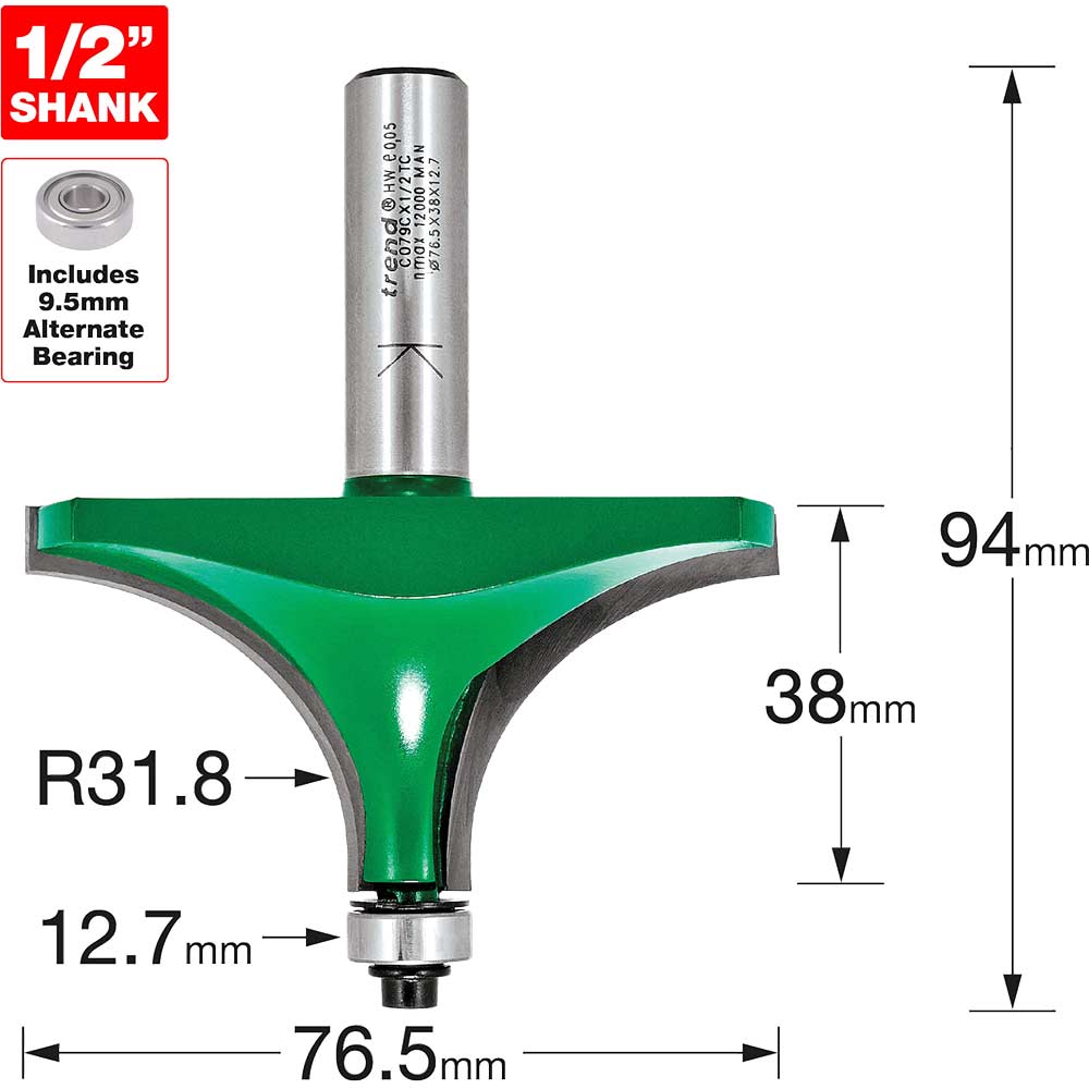 Image of Trend CraftPro Bearing Guided Round Over and Ovolo Router Cutter 76.5mm 38mm 1/2"