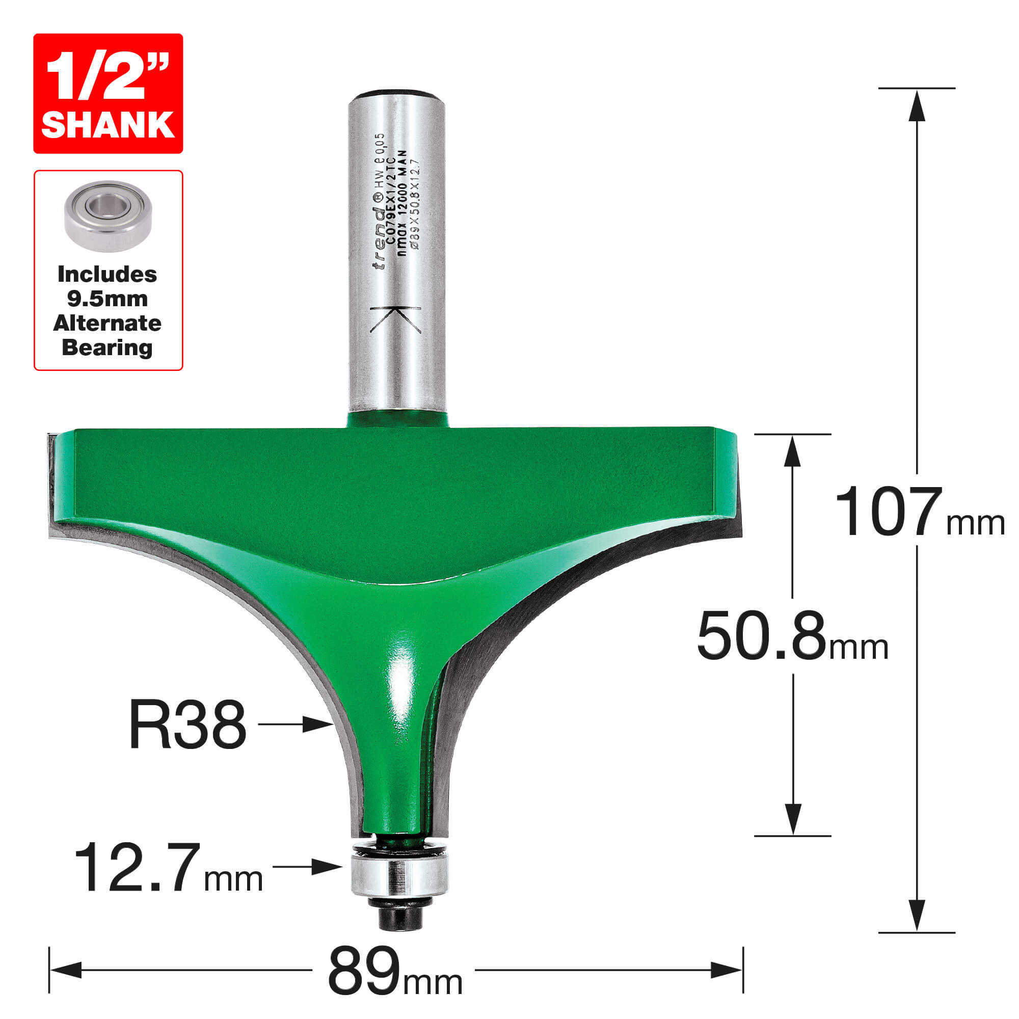 Image of Trend CraftPro Bearing Guided Round Over and Ovolo Router Cutter 89mm 50.8MM 1/2"