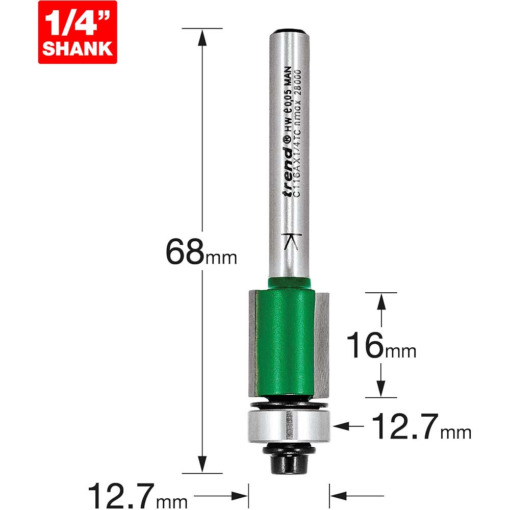 Trend CRAFTPRO Bearing Guided Trimmer Router Cutter 12.7mm 16mm 1/4