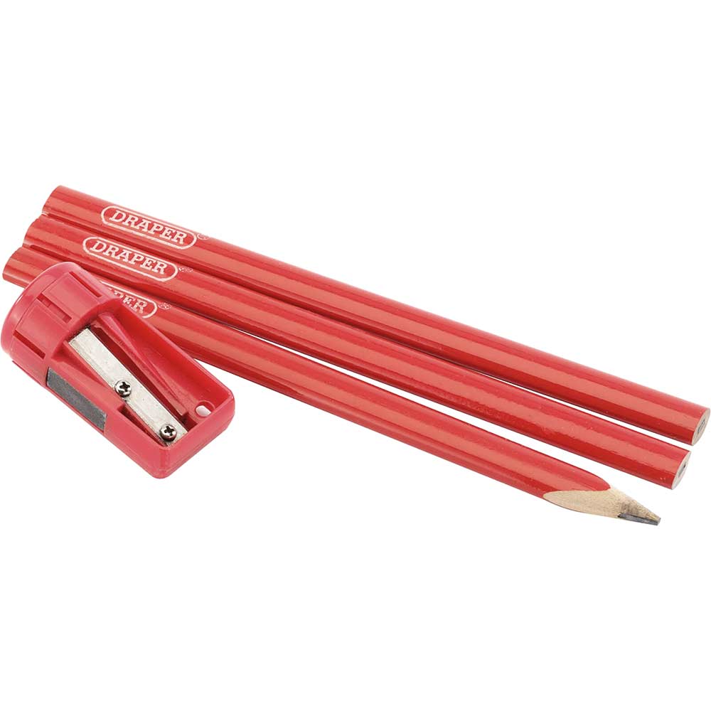 Image of Draper Red Medium Carpenters Pencils and Sharpener Pack of 6