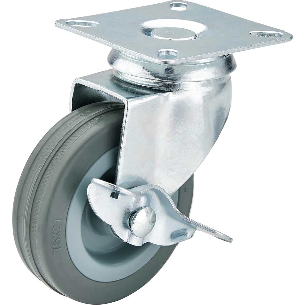 Image of Draper Swivel Plate Fixing Rubber Wheeled Castor and Brake 75mm