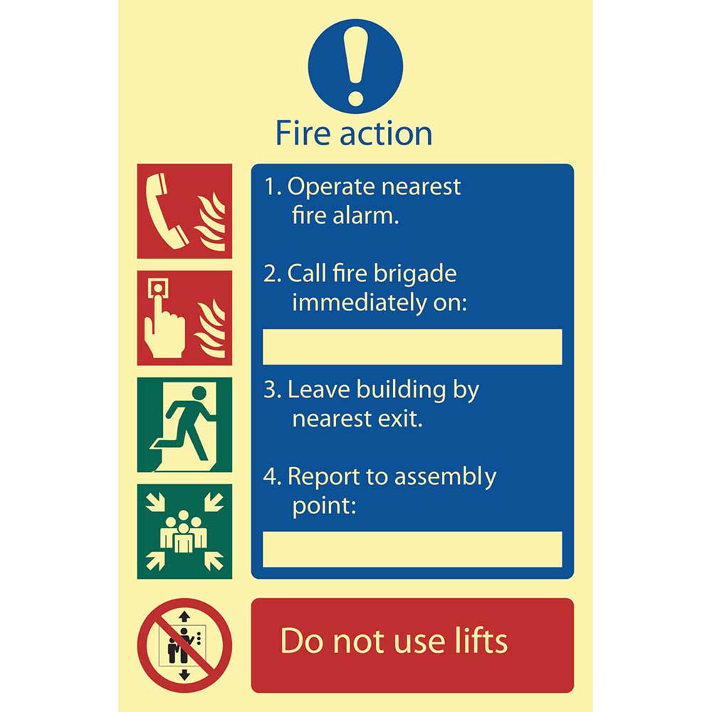 Draper Fire Action Procedure Sign 200mm 300mm Photoluminescent