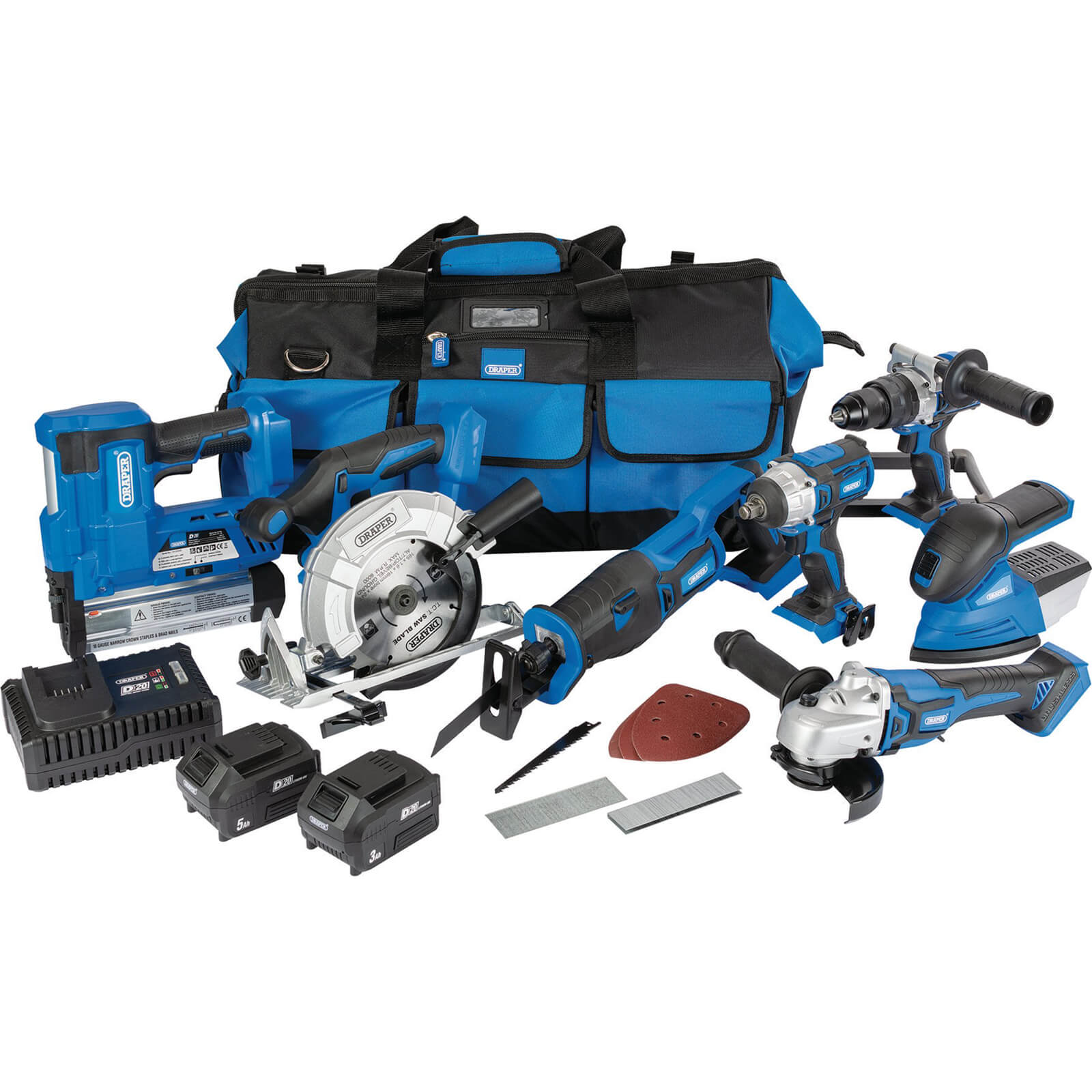 Draper D20 20v Cordless 7 Piece Jumbo Power Tool Kit 1 x 3ah & 1 x 5ah Li-ion Charger Bag
