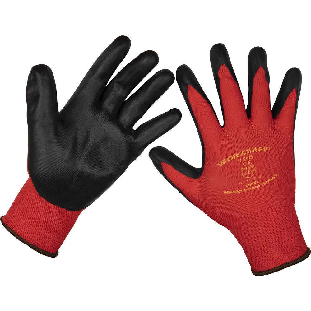 Sealey Worksafe Flexi Grip Nitrile Foam Palm Gloves Red / Black L Pack of 1
