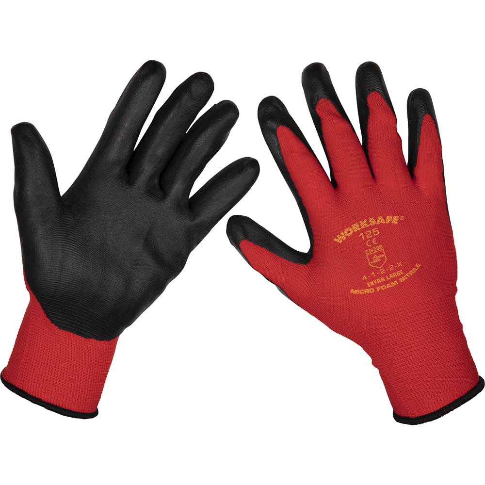 Sealey Worksafe Flexi Grip Nitrile Foam Palm Gloves Red / Black XL Pack of 12