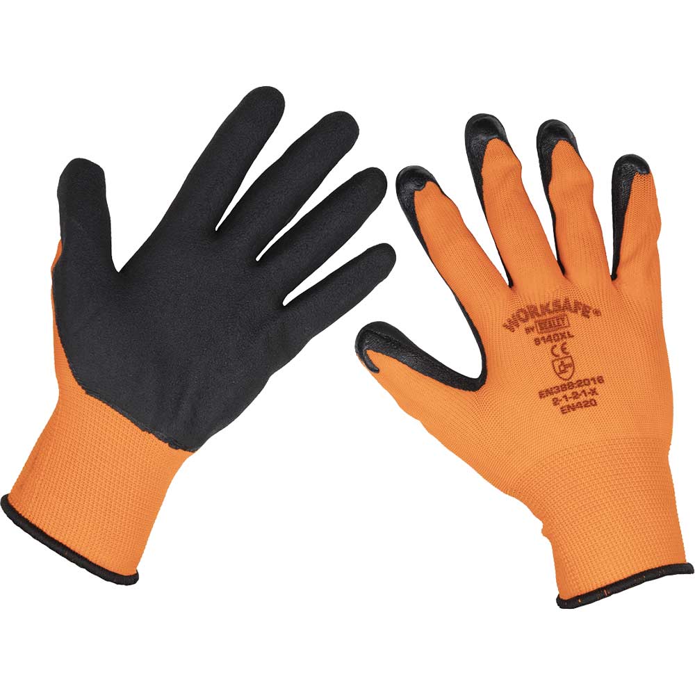 Sealey Worksafe Foam Latex Grip Gloves Black / Orange XL Pack of 12 in UK Specification