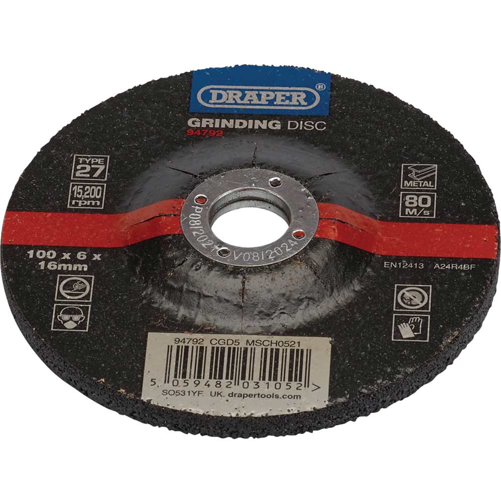 Image of Draper DPC Depressed Centre Metal Grinding Disc 100mm 6mm 16mm