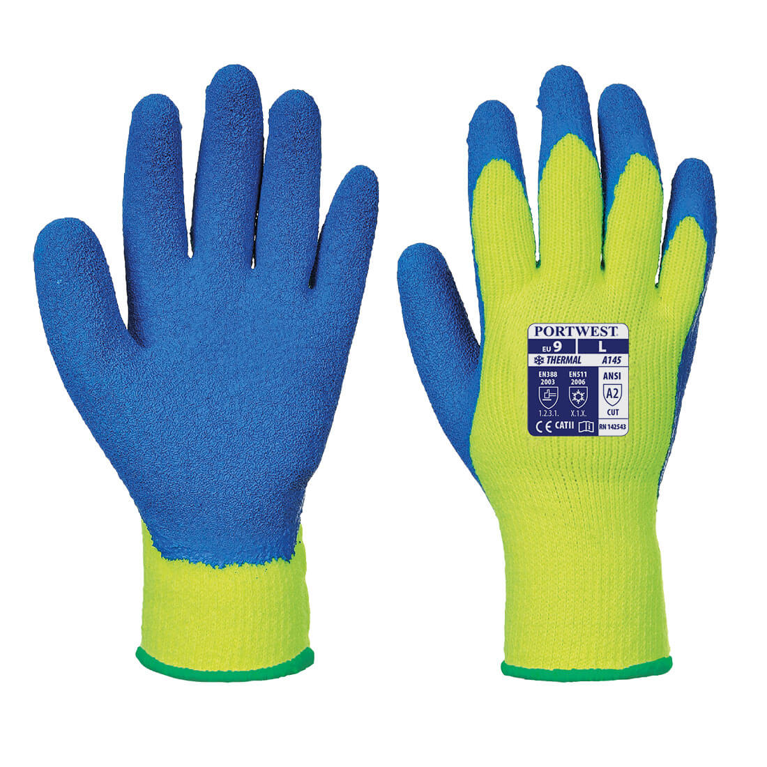 Image of Portwest Latex Grip Gloves for Cold Conditions Yellow / Blue 2XL