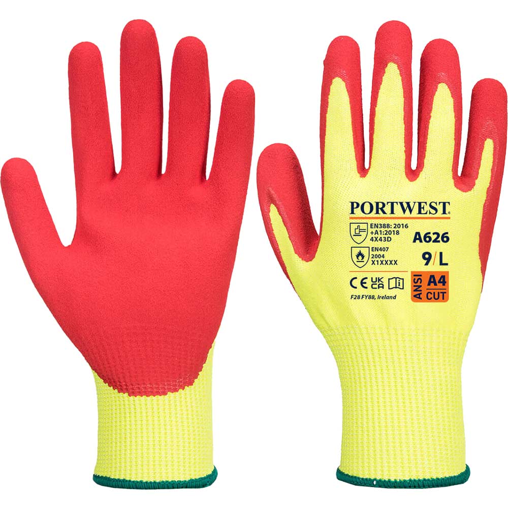 Portwest Nitrile Vis Tex HR Cut Resistant Gloves Yellow / Red M Pack of 1