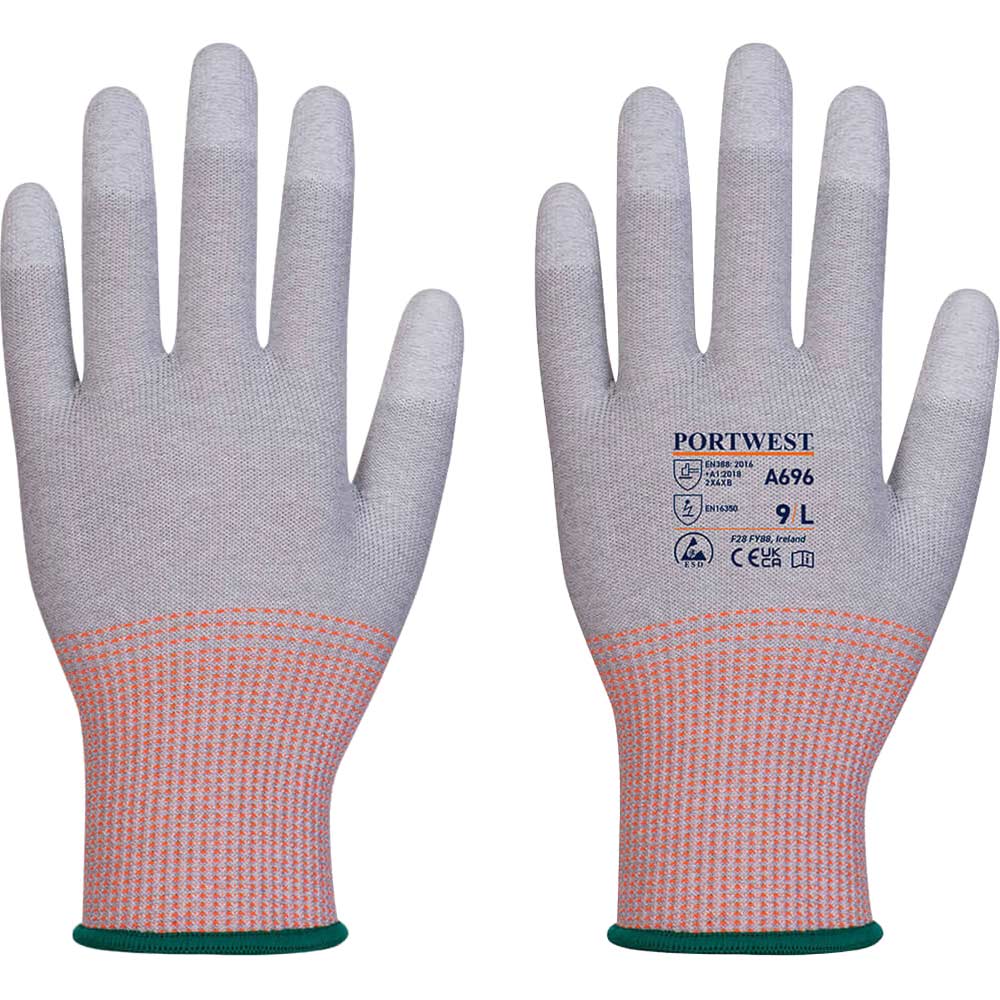 Portwest LR13 PU Fingertip Cut Resistant ESD Gloves Grey / White L Pack of 12
