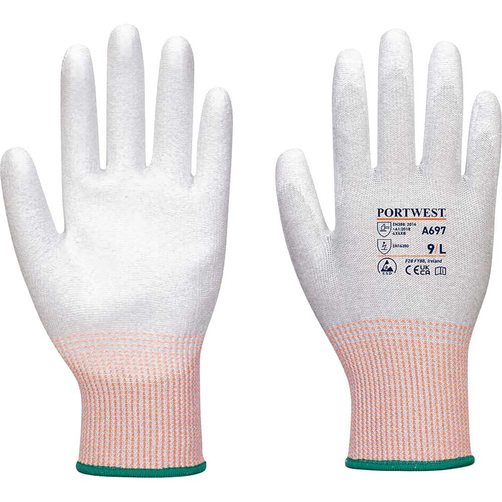 Portwest LR13PU Palm Dipped ESD Gloves Grey / White M Pack of 12