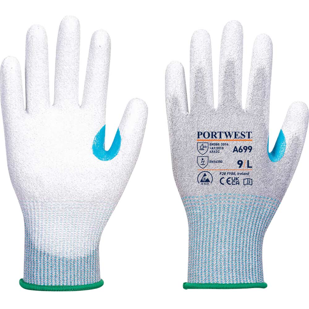 Portwest MR13 PU Palm Cut Resistant ESD Gloves Grey / White L Pack of 12