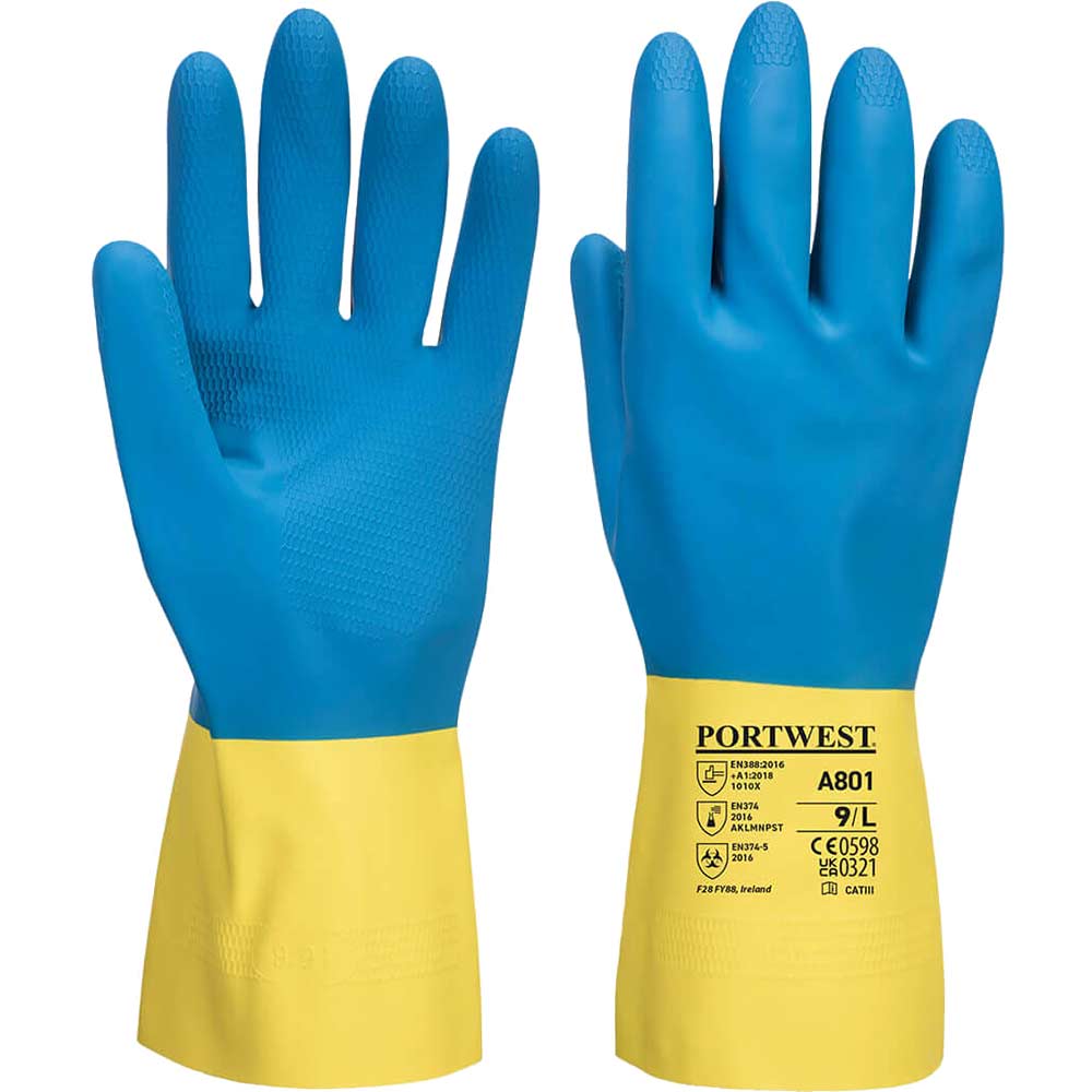 Portwest Double Dipped Latex Gauntlets Yellow / Blue XL Pack of 1