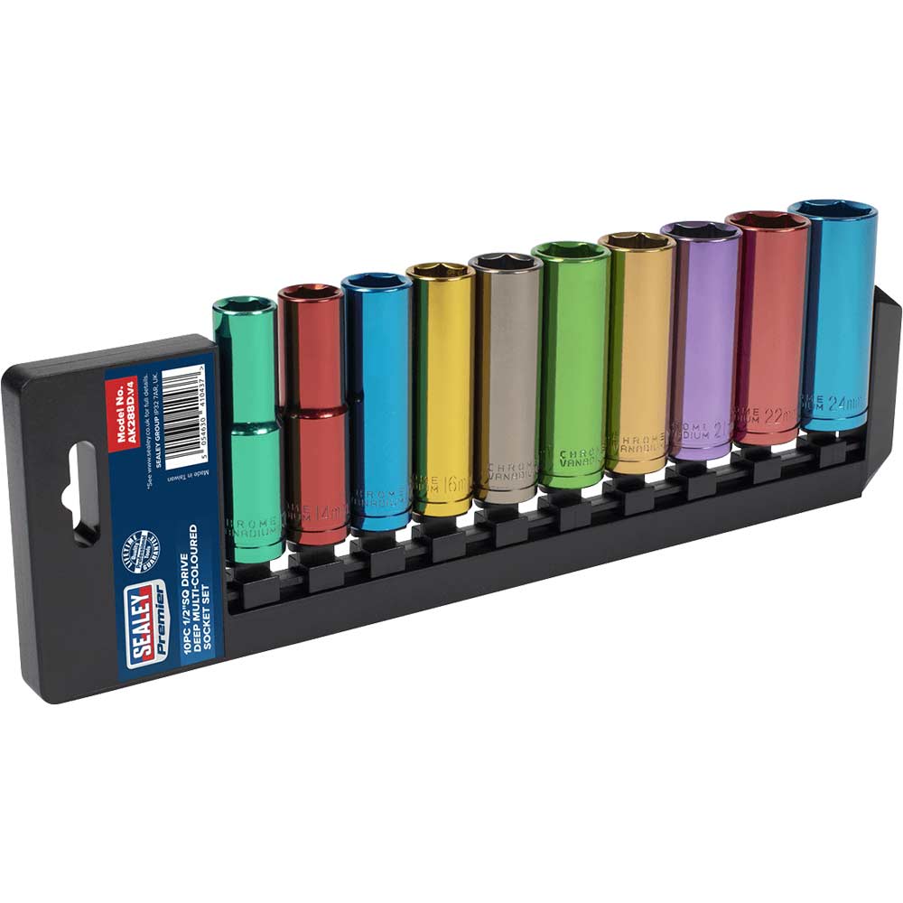 Sealey 10 Piece 1/2" Drive Coloured Deep Hex WallDrive Socket Set Metric 1/2
