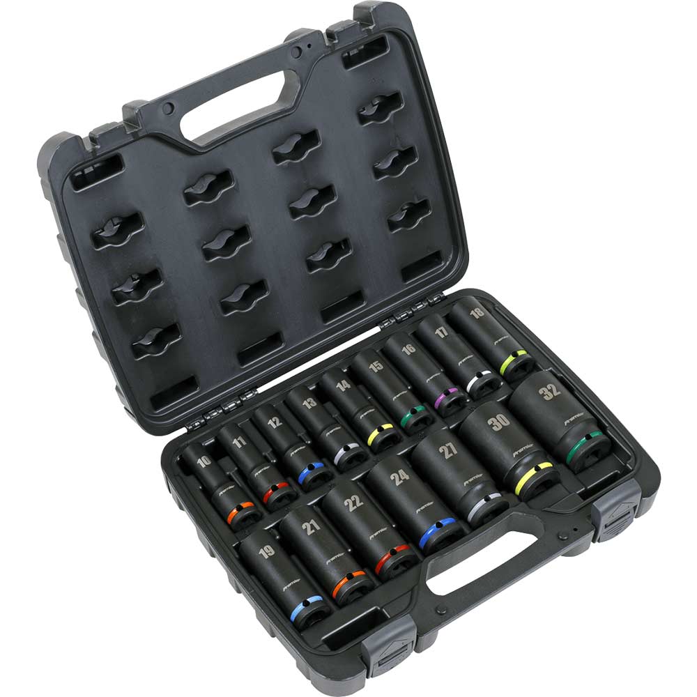 Sealey 16 Piece 1/2" Drive Deep Colour Coded Hexagon Impact Socket Set 1/2