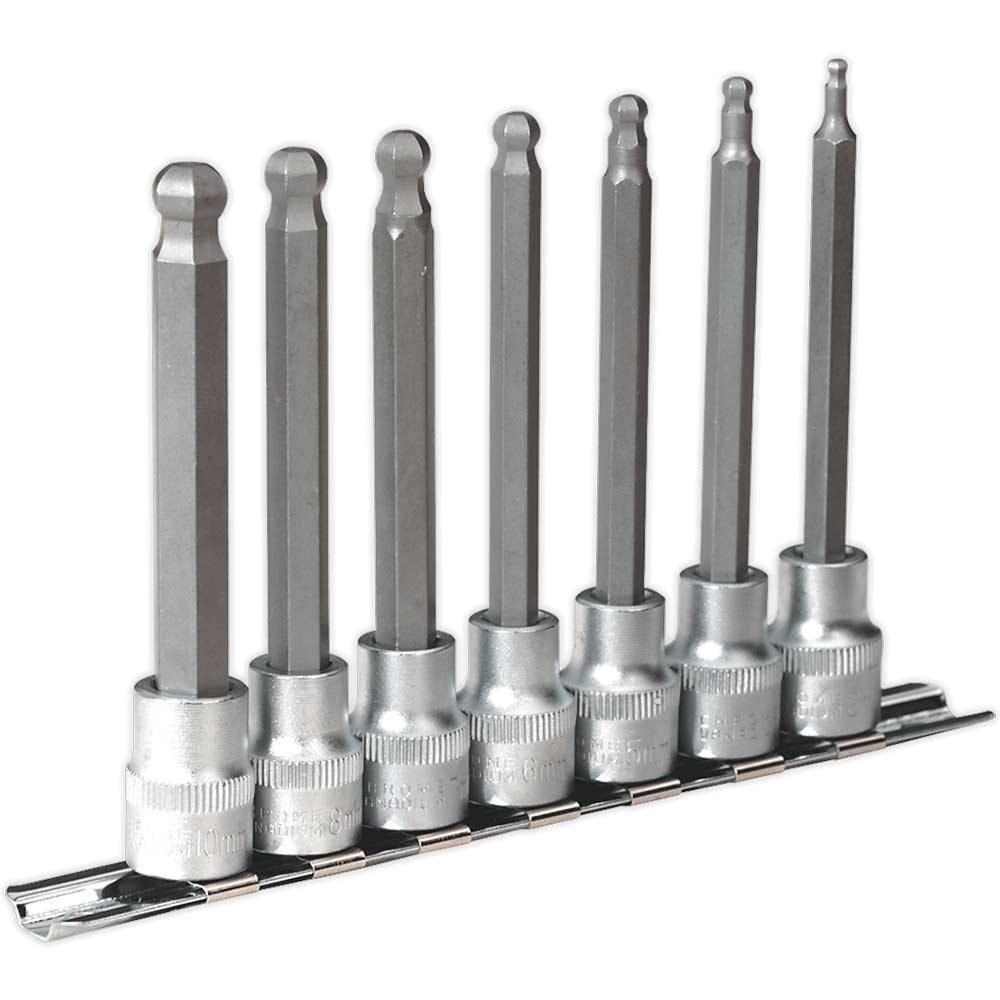 Sealey 7 Piece 3/8" Drive Ball End Long Hexagon Socket Bit Set Metric 3/8" 100mm