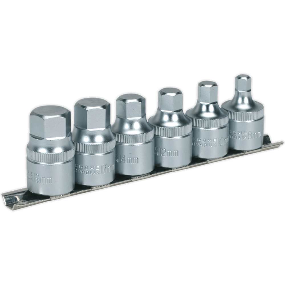 Sealey 6 Piece 1/2" Drive Stubby Hexagon Socket Bit Set Metric 1/2