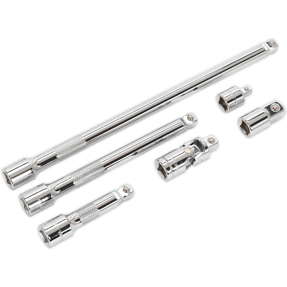 Sealey AK7690 3/8 Drive 6 Piece Wobble Rigid Extension Bar Adaptor and Universal Joint Set 3/8