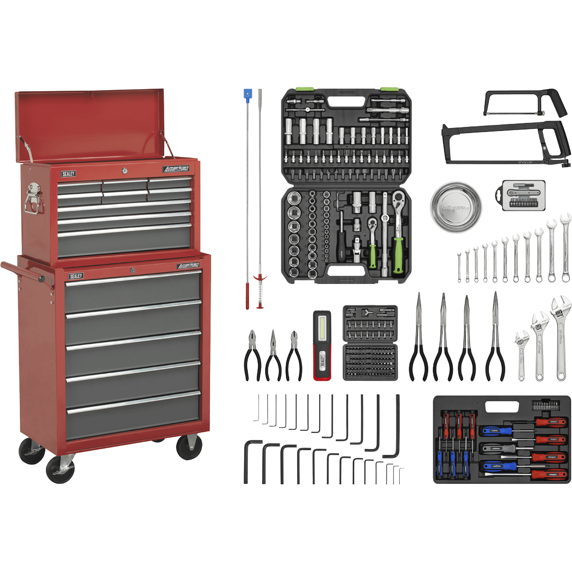 Sealey American Pro 14 Drawer Roller Cabinet and Tool Chest + 239 Piece Tool Kit Red / Grey
