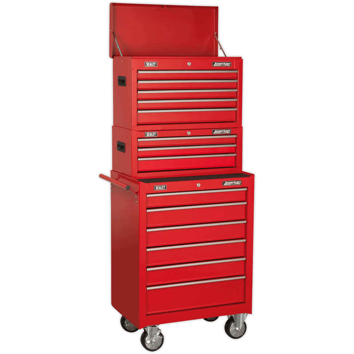 Sealey American Pro 14 Drawer Roller Cabinet, Mid and Top Tool Chest Red