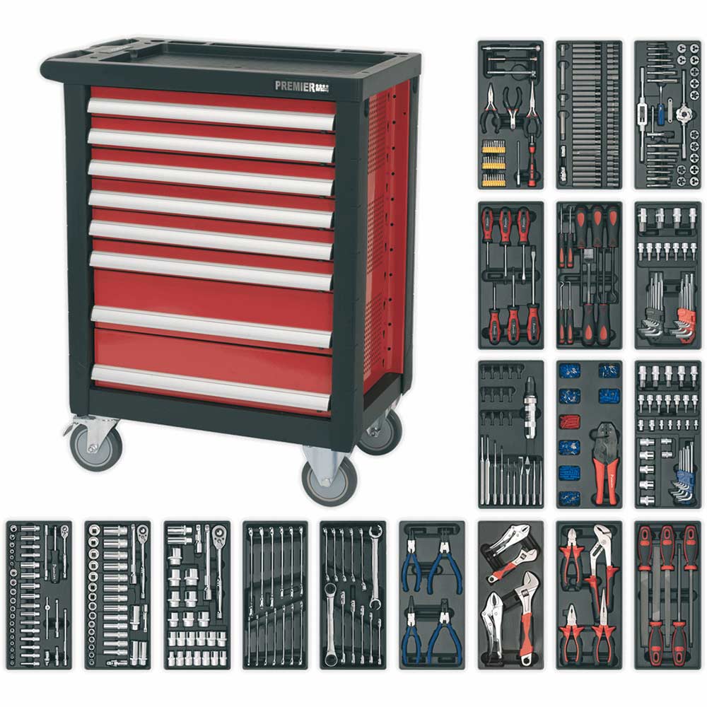 Sealey Premier 8 Drawer Roller Cabinet + 707 Piece Tool Kit Black / Red in UK Specification