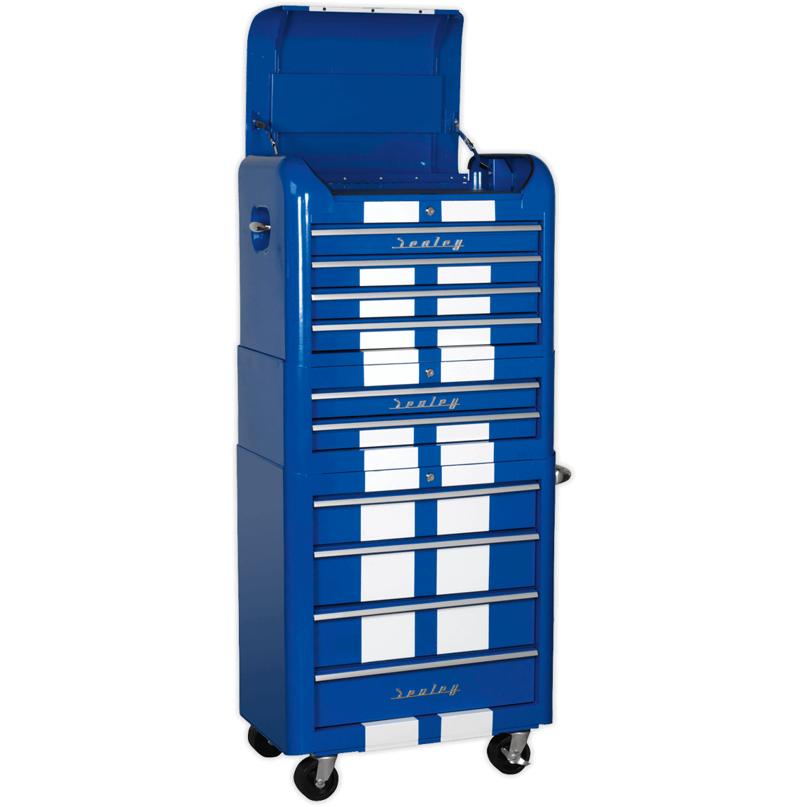 Sealey Premier Retro Style 10 Drawer Roller Cabinet, Mid and Top Tool Chest Blue / White