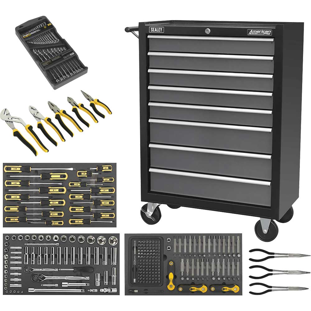 Sealey 136 Piece Hand Tool Kit in 8 Drawer Roller Cabinet Black / Grey in UK Specification