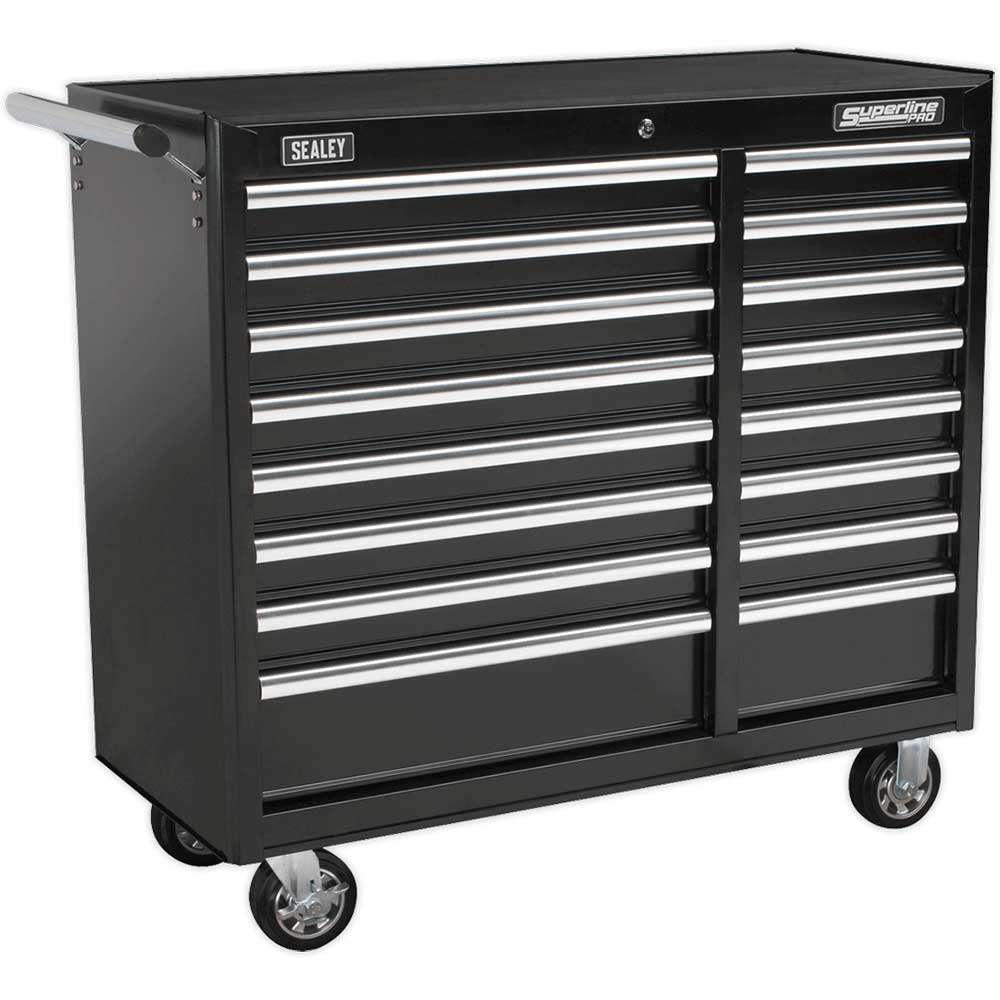 Sealey Superline Pro 16 Drawer Heavy Duty Roller Cabinet Black in UK Specification