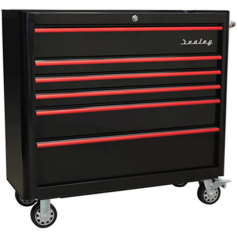 Sealey Premier Retro Style 6 Drawer Wide Roller Cabinet Black / Red in UK Specification