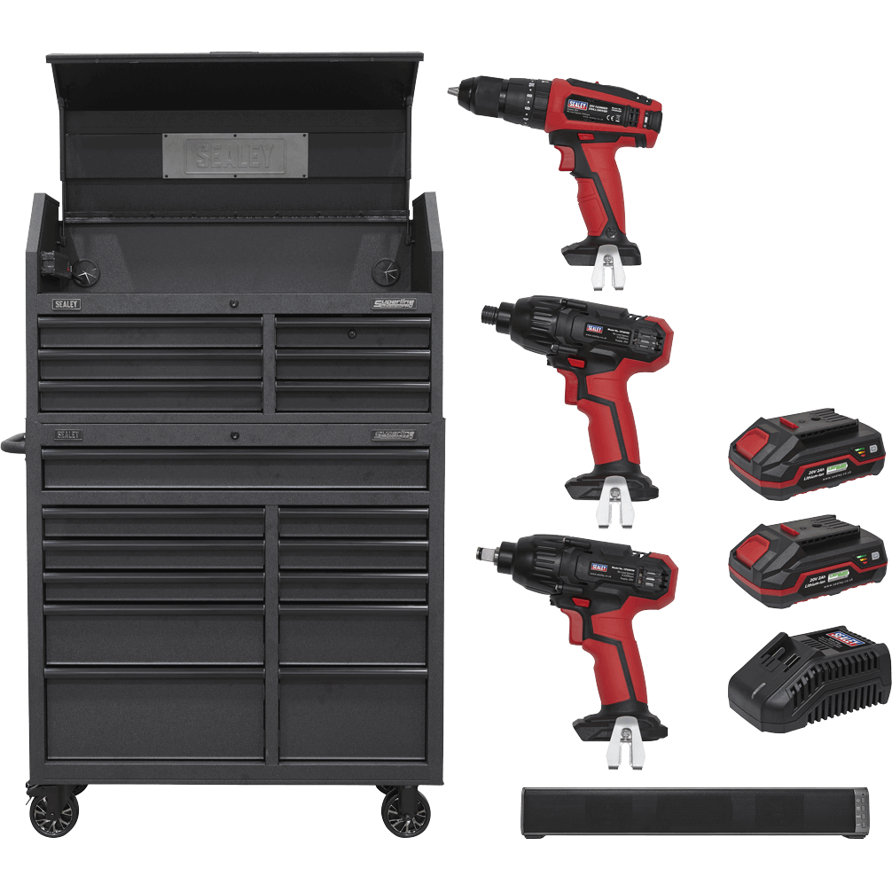 Sealey Roller Cabinet, Tool Chest, Power Bar and 20v Power Took Kit Black