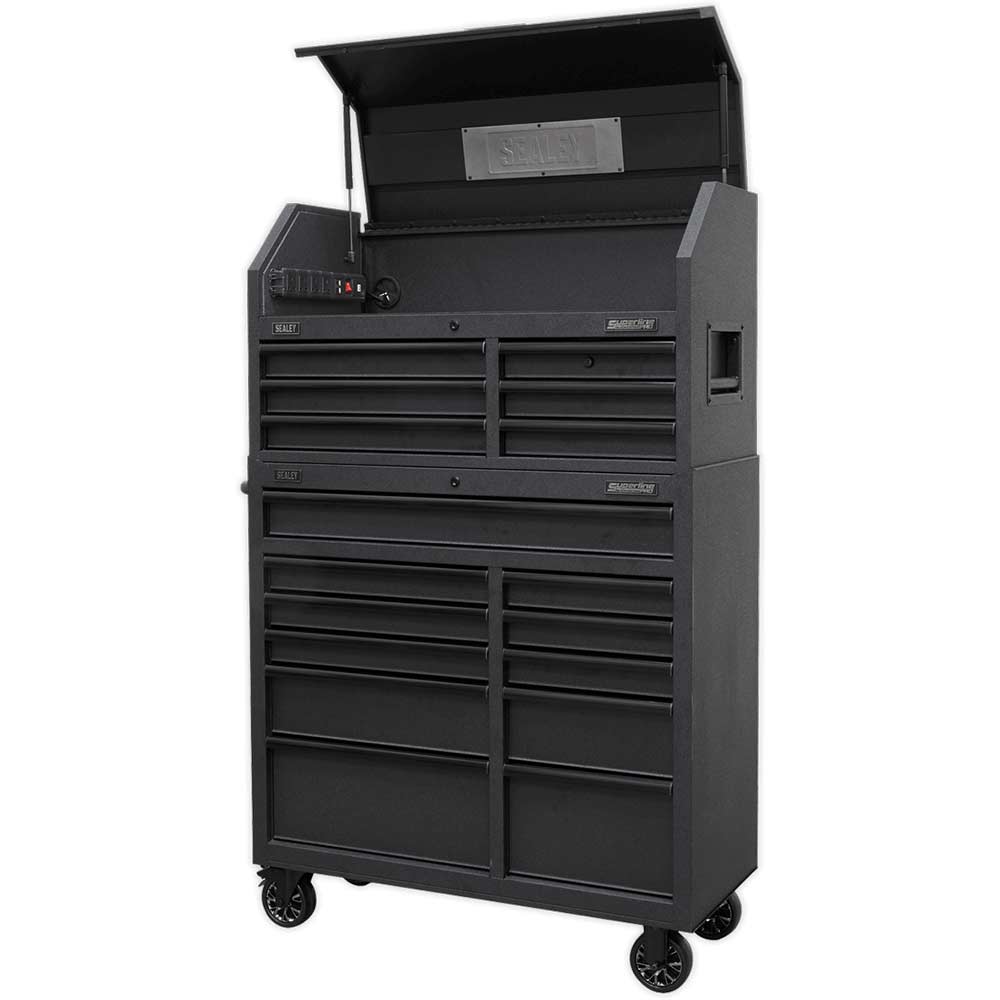 Sealey 17 Drawer Roller Cabinet and Integrated Power Strip Black in UK Specification