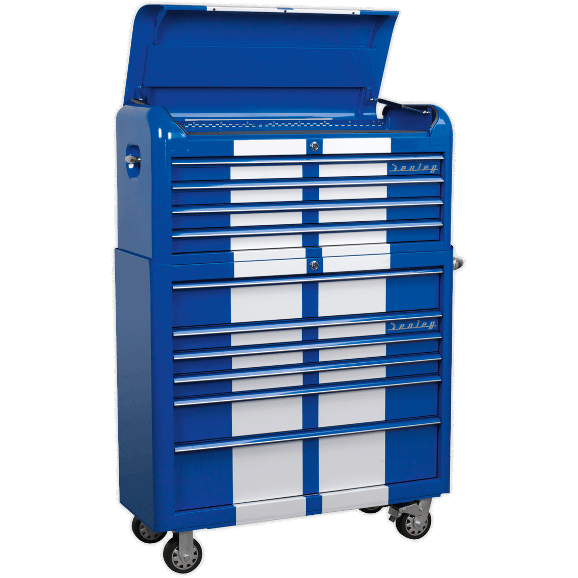 Sealey Premier Retro Style Wide 10 Drawer Roller Cabinet and Tool Chest Blue / White
