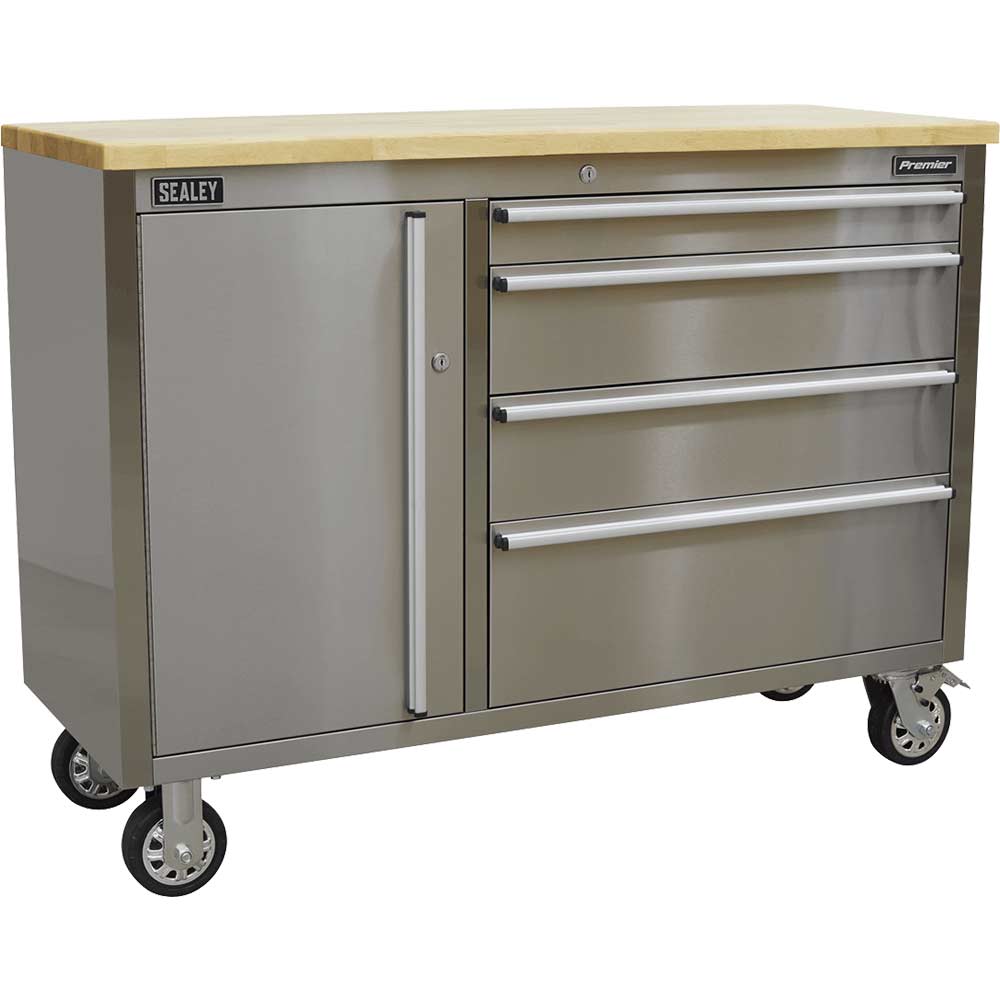 Image of Sealey Stainless Steel 4 Drawer Tool Roller Cabinet Stainless Steel