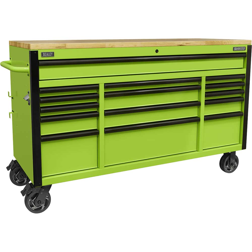 Sealey Superline Pro 15 Drawer Wooden Worktop Roller Cabinet Green in UK Specification