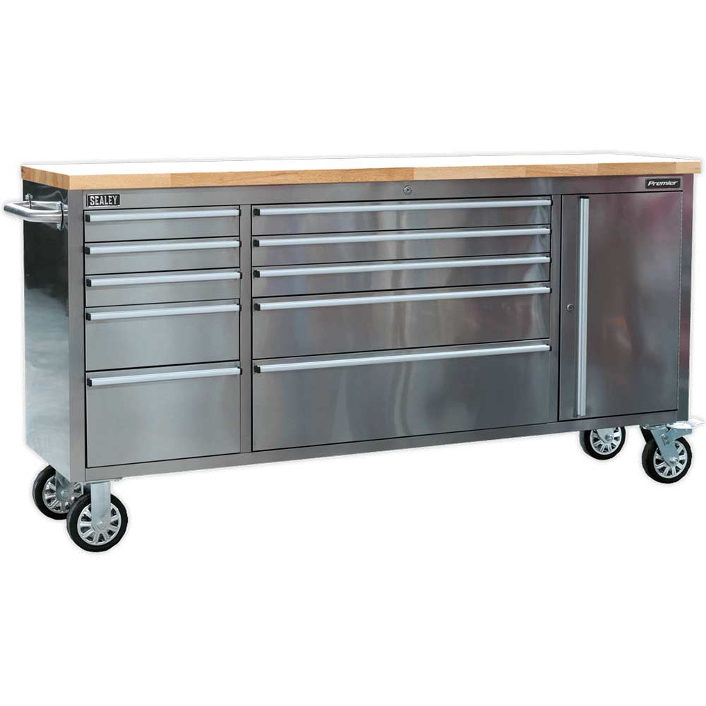 Image of Sealey 10 Drawer Mobile Stainless Steel Tool Cabinet and End Cupboard Stainless Steel