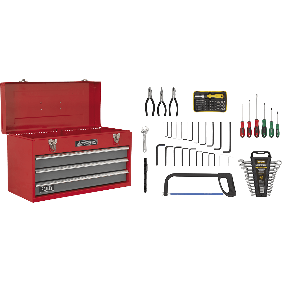 Sealey American Pro 3 Drawer Tool Chest + 93 Piece Tool Kit Red / Grey